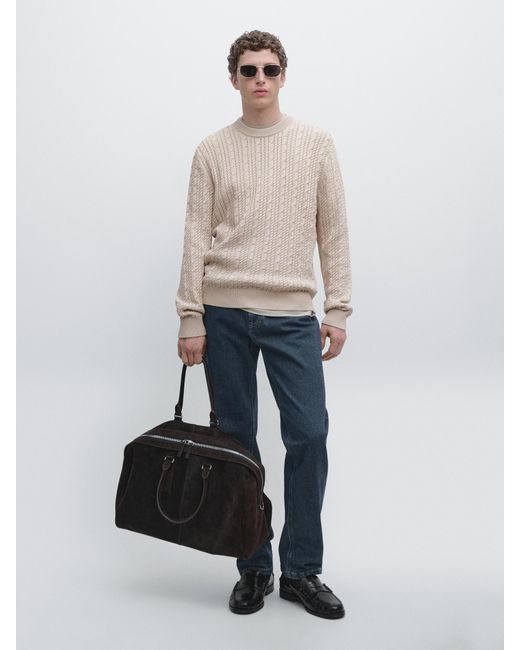 MASSIMO DUTTI White Cable-Knit 100% Cotton Sweater With Crew Neck for men