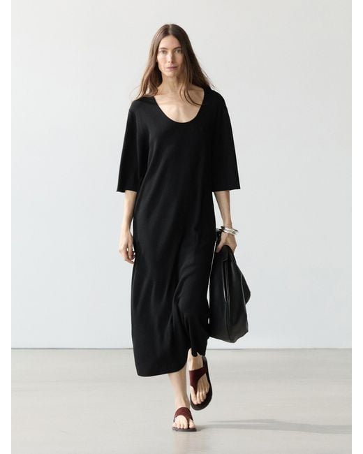MASSIMO DUTTI Black Midi Dress With Sleeve Detail
