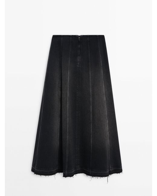 MASSIMO DUTTI Black Denim Midi Skirt With Seams And Frayed Hem