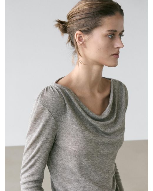 MASSIMO DUTTI White Long Sleeve T-Shirt With Draped Neckline
