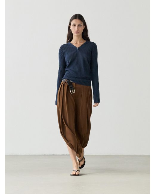 MASSIMO DUTTI Blue Linen Knit Sweater With Button Details