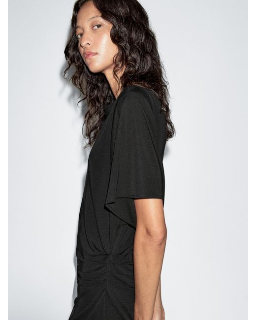 MASSIMO DUTTI Black Midi Dress With Gathered Detail