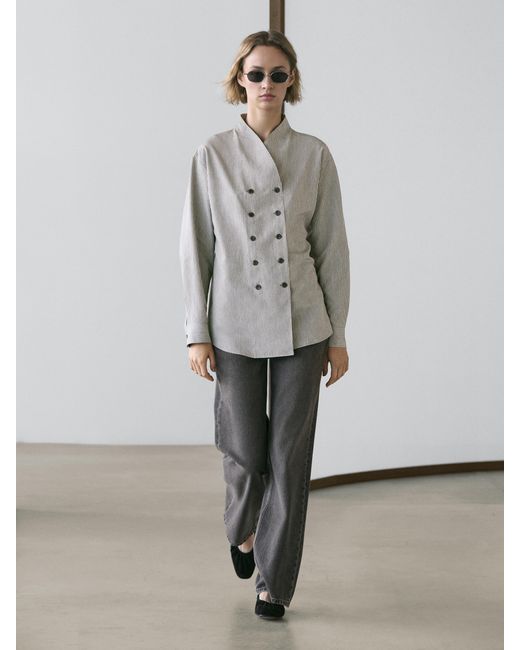 MASSIMO DUTTI Gray Floaty Striped Shirt With Button Detail