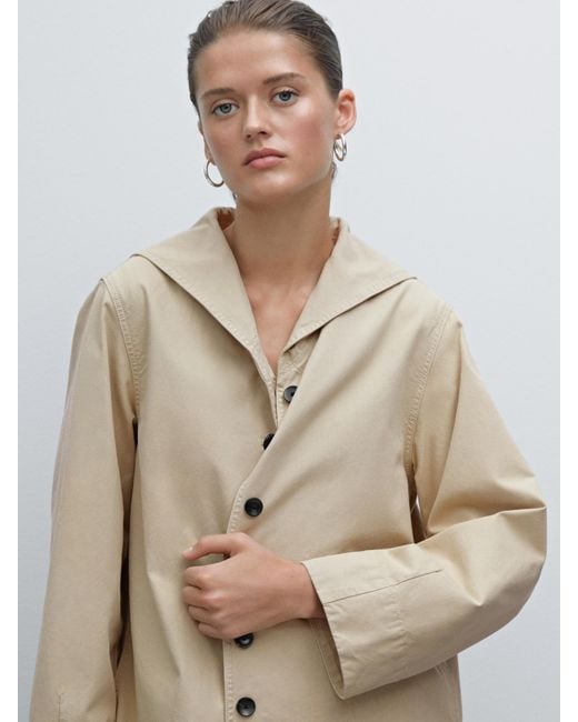 MASSIMO DUTTI Natural 100% Cotton Sailor Collar Trench Coat