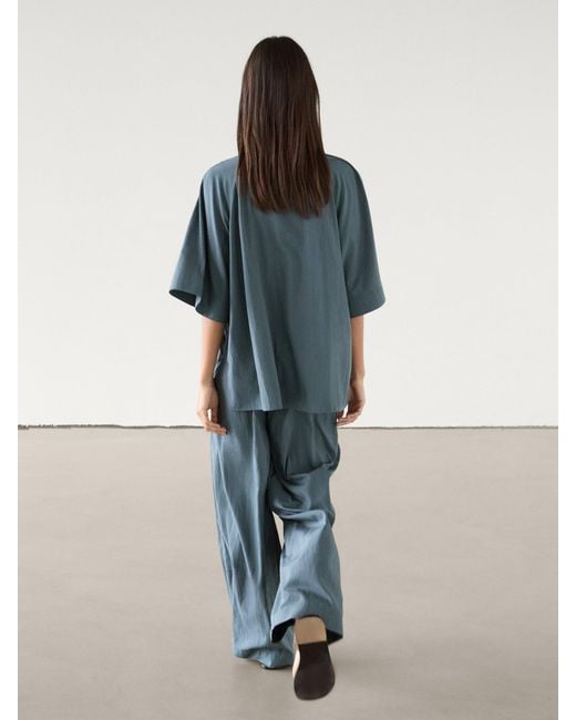 MASSIMO DUTTI Wide Leg Poplin Co Ord Trousers in Blue Lyst UK