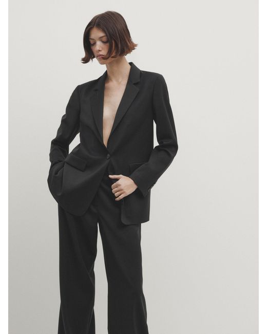 MASSIMO DUTTI Black Long Single-Button Suit Blazer