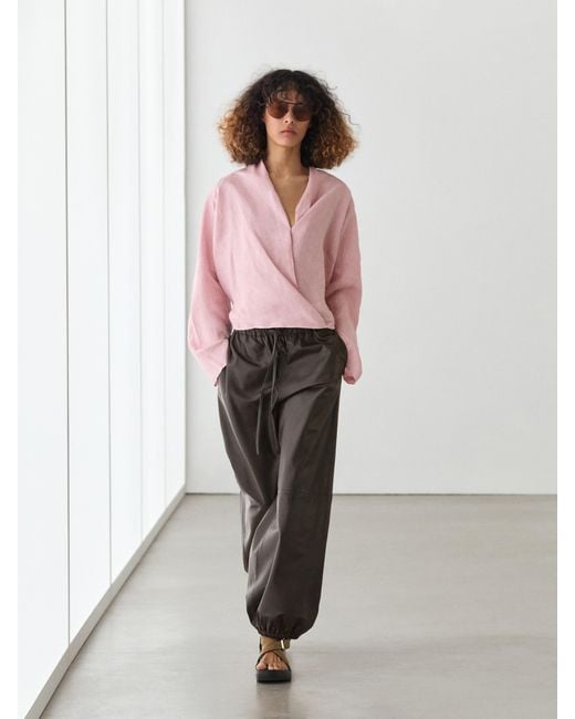 MASSIMO DUTTI Pink Flowing Loose-Fitting Linen Wrap Blouse