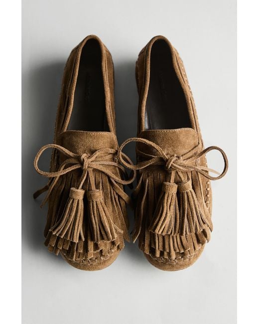 MASSIMO DUTTI Black Split Suede Loafers With Fringing And Tassels