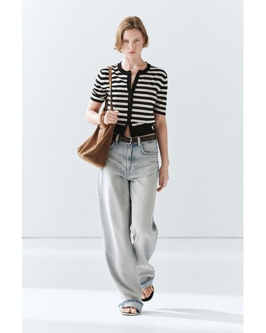 MASSIMO DUTTI Black Short Sleeve Knit Striped Cardigan