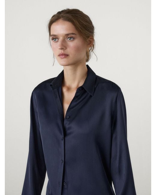 MASSIMO DUTTI Blue Long Sleeve Satin Shirt With Vents