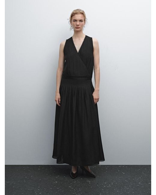 MASSIMO DUTTI Black Pleated Midi Dress