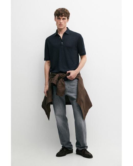 MASSIMO DUTTI Black 100% Linen Short Sleeve Polo Shirt for men