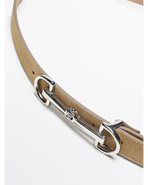 MASSIMO DUTTI White Split Leather Belt With Double Buckle