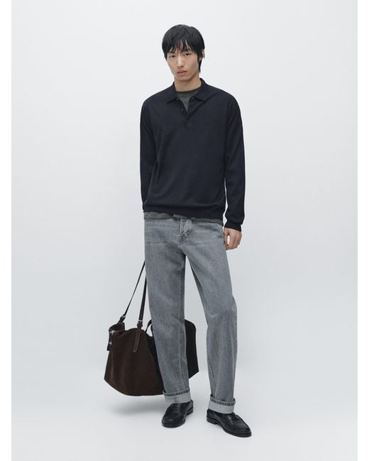 MASSIMO DUTTI Blue 100% Wool Knit Sweater With Polo Collar for men