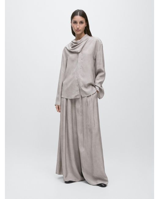 MASSIMO DUTTI Gray Wide-Leg Pleated Trousers