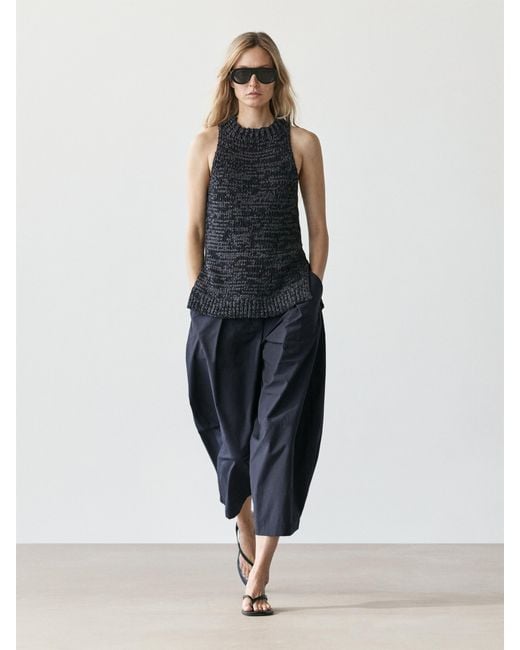 MASSIMO DUTTI Blue Cotton Blend Wide-Leg Pants
