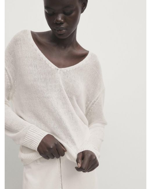 MASSIMO DUTTI White 100% Linen V-Neck Sweater