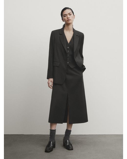 MASSIMO DUTTI Black Tailored Midi Skirt With Slits