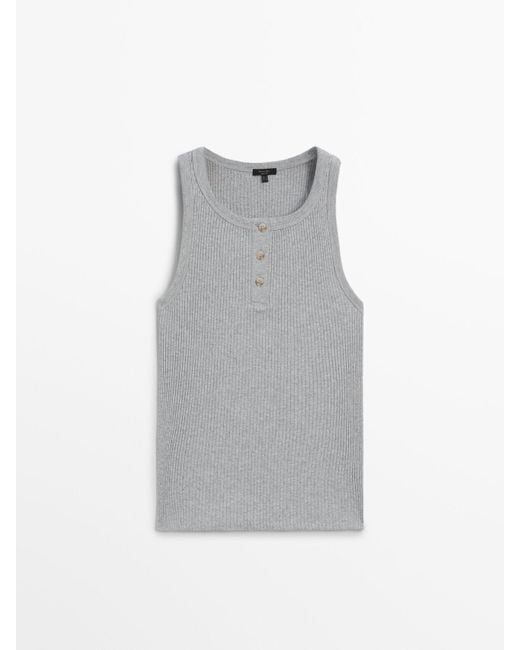 MASSIMO DUTTI Gray Sleeveless Ribbed Top With A Henley Collar