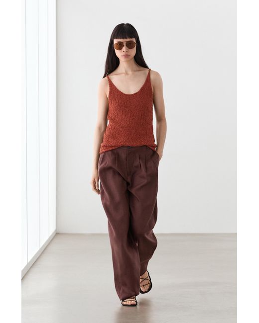 MASSIMO DUTTI Red Wide-Leg Pleated Linen Trousers