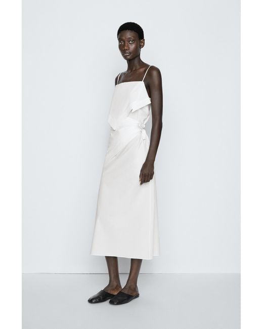 MASSIMO DUTTI White Asymmetrical Ruffle Midi Dress