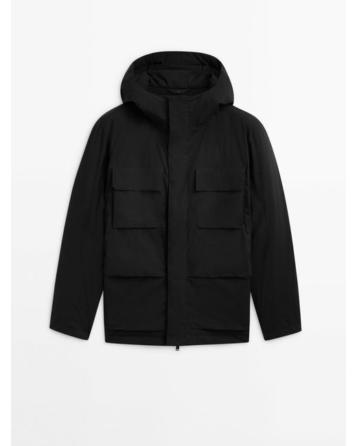 MASSIMO DUTTI Black Hooded Down And Feather Puffer Jacket for men