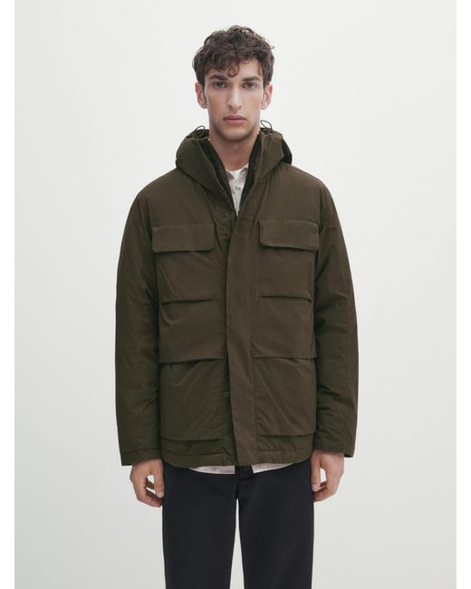 MASSIMO DUTTI Green Hooded Down And Feather Puffer Jacket for men