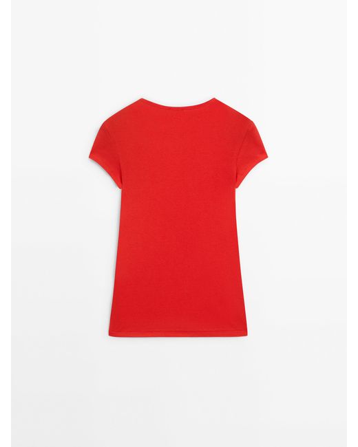 MASSIMO DUTTI Red Short Sleeve T-Shirt With Ribbed Detail