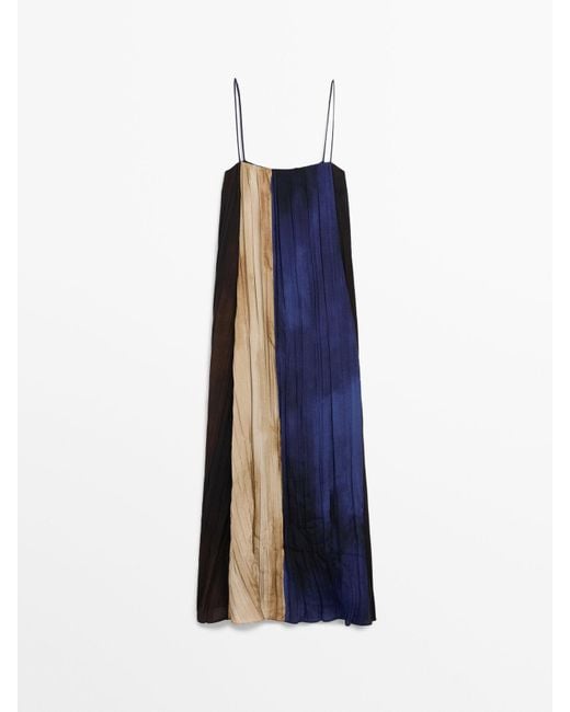MASSIMO DUTTI Lange Jurk Met Print En Plooi in het Blue