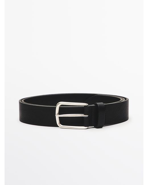 MASSIMO DUTTI Black Nappa Leather Belt With Rectangular Buckle for men