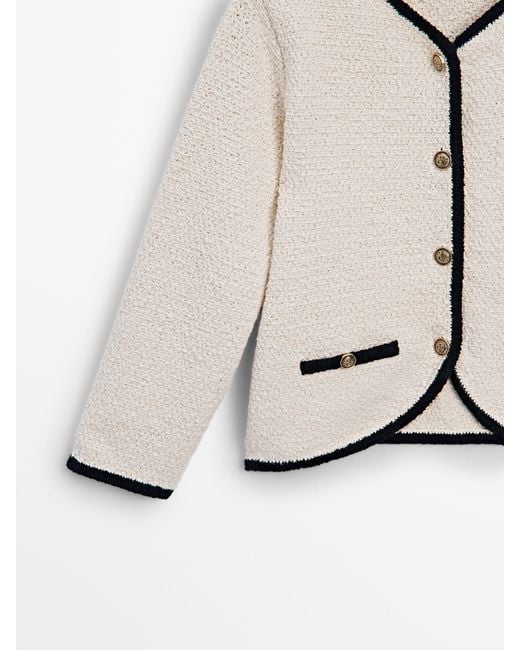 MASSIMO DUTTI Natural Contrast Textured Knit Cardigan