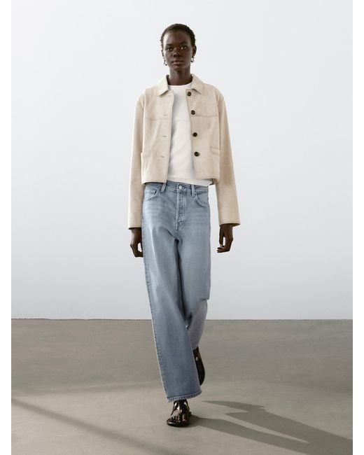 Chaqueta Corta Pespuntes Piel Ante MASSIMO DUTTI de color Gray