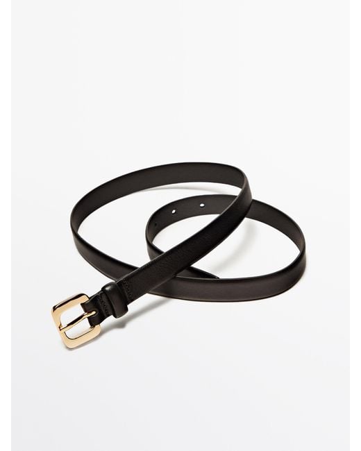 MASSIMO DUTTI White Thin Leather Belt With Round Buckle