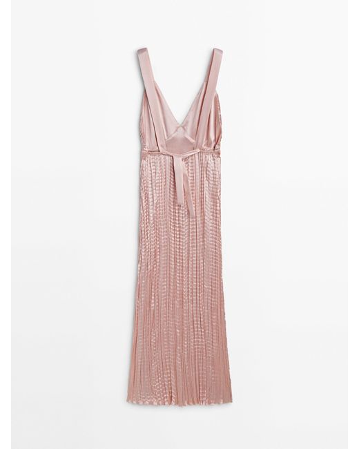 MASSIMO DUTTI Pleated Satin Dress With Slits in Pink Lyst
