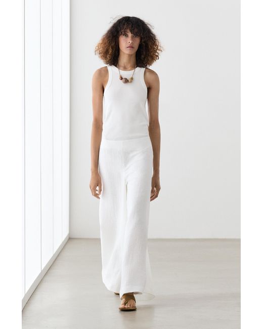 MASSIMO DUTTI White Linen Blend Palazzo Trousers