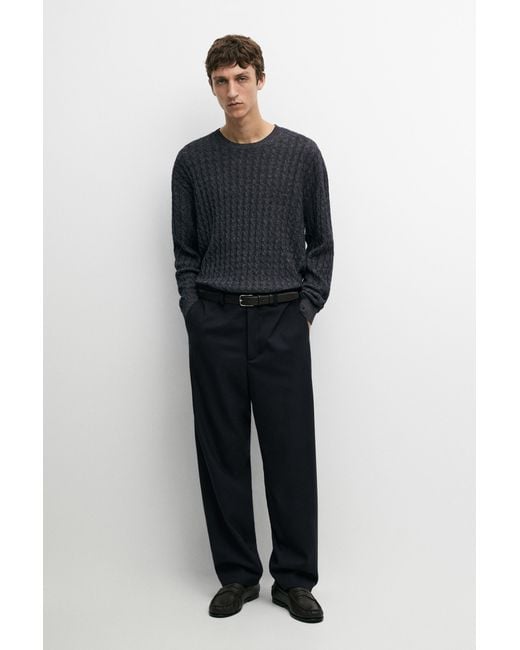 MASSIMO DUTTI Black Cable Knit Round Neck Sweater for men
