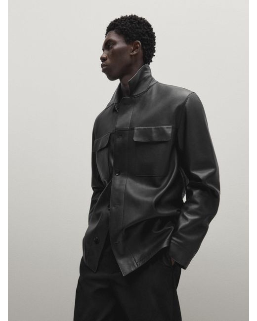 MASSIMO DUTTI Black Nappa Leather Overshirt for men