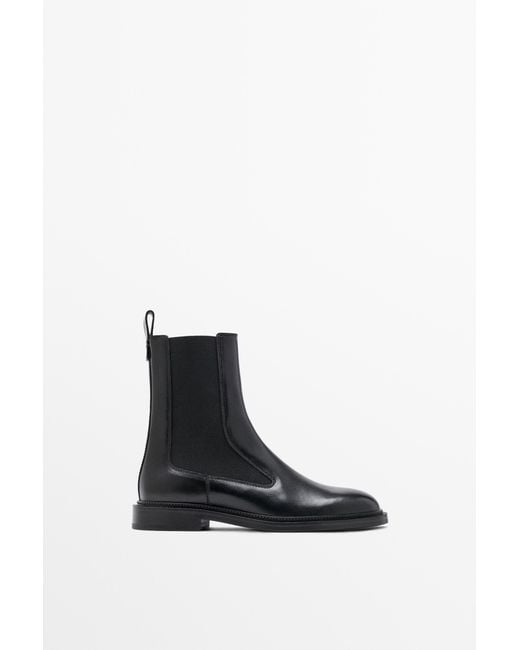 MASSIMO DUTTI Black Flat Leather Chelsea Ankle Boots
