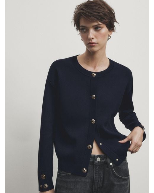 MASSIMO DUTTI Blue Knit Cardigan With Snap Buttons
