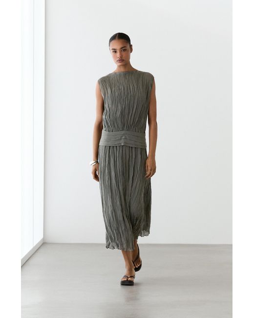 MASSIMO DUTTI Gray Textured Flowing Fabric Sash Dress