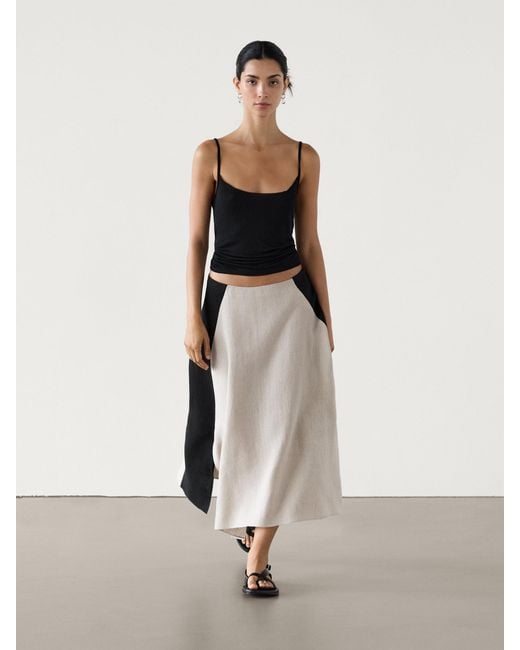MASSIMO DUTTI White Ausgestellter Midirock Aus Leinen Mit Kontrast