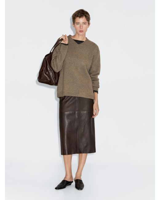 MASSIMO DUTTI Oversize V-Neck Knit Sweater in Natural Lyst UK