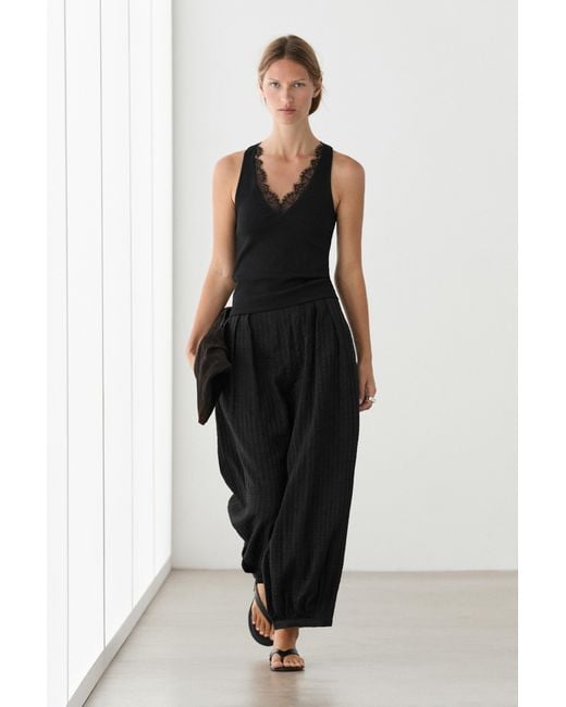 MASSIMO DUTTI Black V-Neck Top With Lace Detail