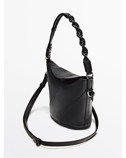MASSIMO DUTTI Black Nappa Leather Crossbody Bag With Woven Strap