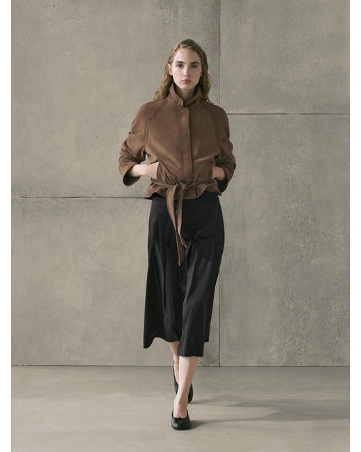 MASSIMO DUTTI Natural Cotton Blend Box Pleat Midi Skirt