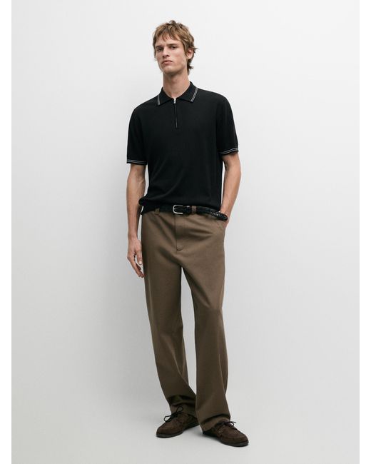 MASSIMO DUTTI Black Knit Polo Sweater With Collar Detail for men