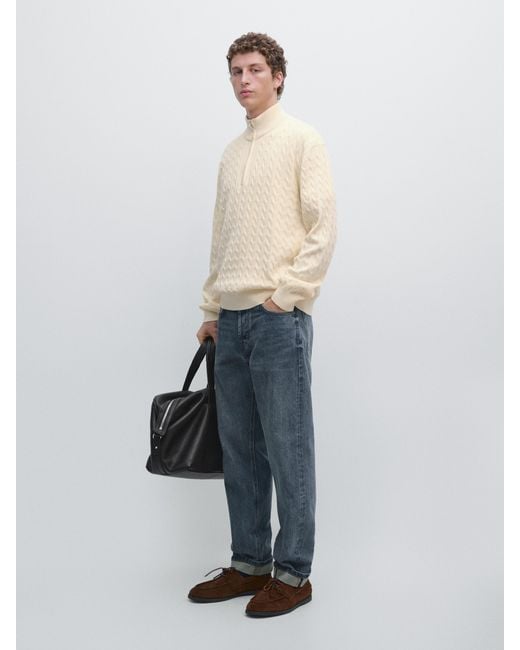 MASSIMO DUTTI White Mock Neck Knit Sweater With Zip for men