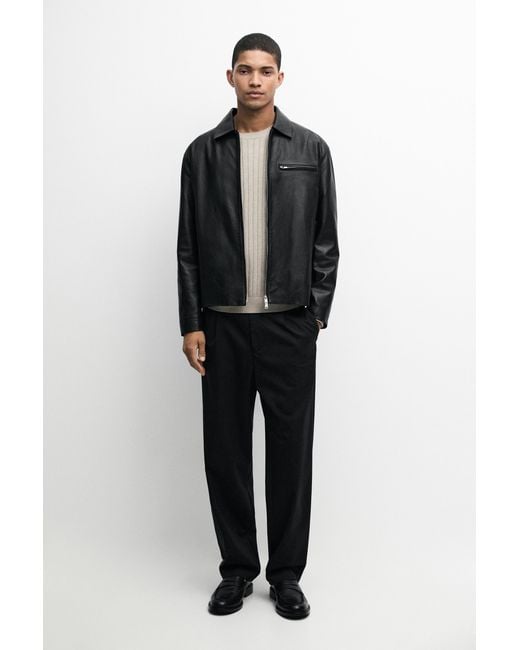 MASSIMO DUTTI Black Nappa Leather Jacket With Pocket Detail for men