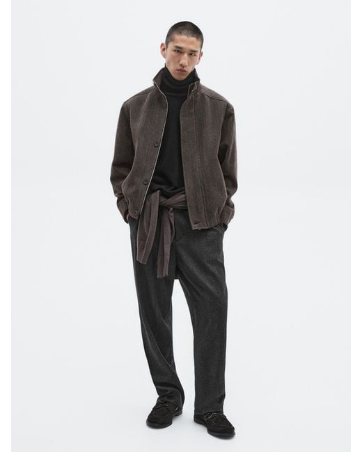 MASSIMO DUTTI Black Wool Blend Herringbone Bomber Jacket for men