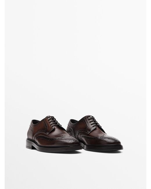 MASSIMO DUTTI Brushed Leather Shoes With Broguing in Brown for Men | Lyst